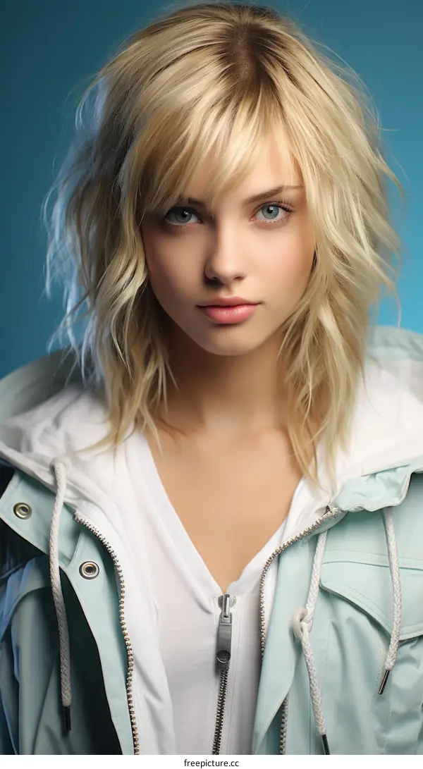 Portrait of a young woman with blonde hair and blue eyes wearing a white shirt and blue jacket