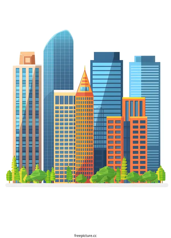 Modern City Skyline with Tall Buildings and Trees Illustration