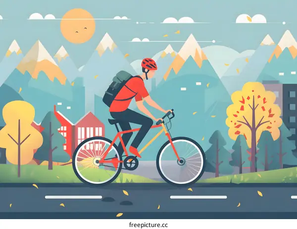 Man Riding Bike In Mountain Landscape Illustration