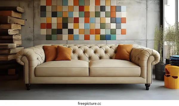 Modern Living Room with Colorful Tiles and Chesterfield Sofa