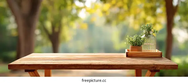 Wooden Table Outdoors with Plants in Park