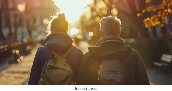 Couple Walking Away from Sunset with Backpacks