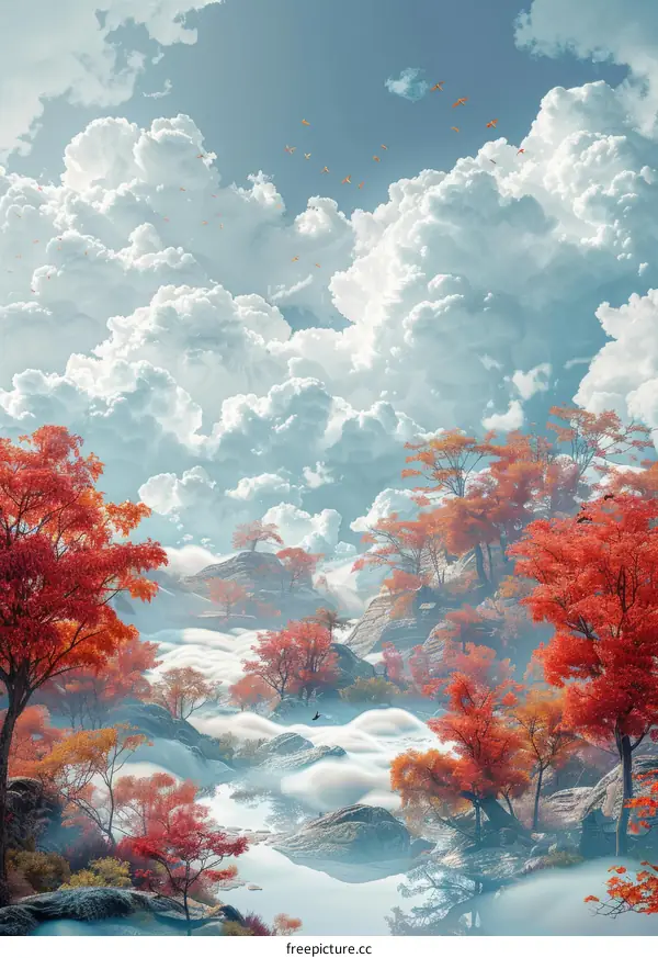 Foggy Valley with Crimson Trees and Rocks