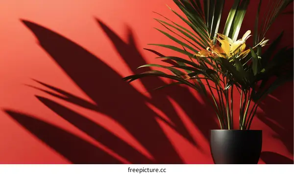 Shadow Play of a Tropical Plant on a Red Wall