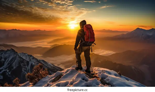 A lone hiker stands on a summit and gazes at the sunrise over a beautiful mountain landscape with clouds and snow