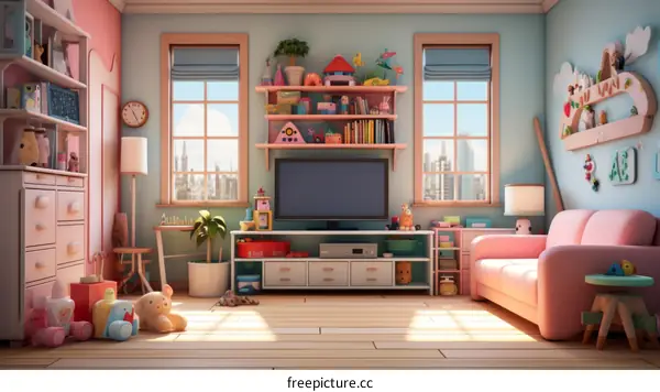 A cozy and colorful living room with a TV, sofa, and lots of toys