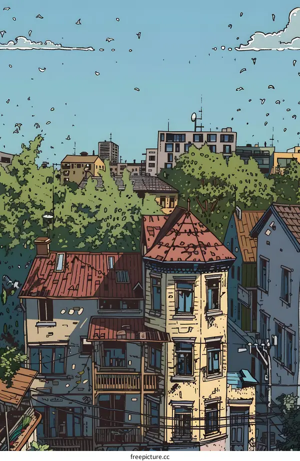 Cityscape Illustration with Buildings and Birds