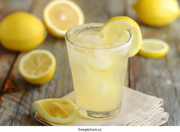 Glass of Lemonade with Lemon Slices on Wooden Table