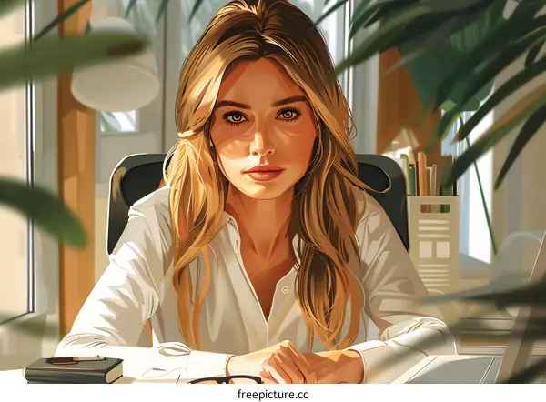 portrait of a beautiful blonde woman in a white shirt sitting in an office