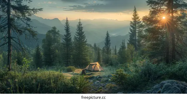 The tent is located in a beautiful forest with mountains in the background