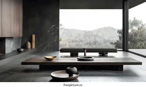 Minimalist Living Room with Large Window and View of Forest