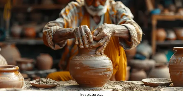Indian potter making clay pots with hands