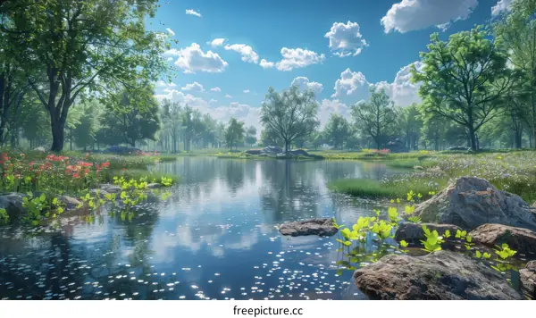 Sunlit Forest Clearing with Lake and Trees