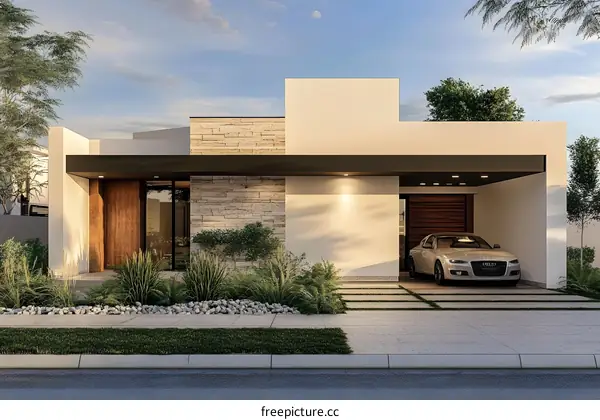 Modern House Design With Stone Wall And Car Garage