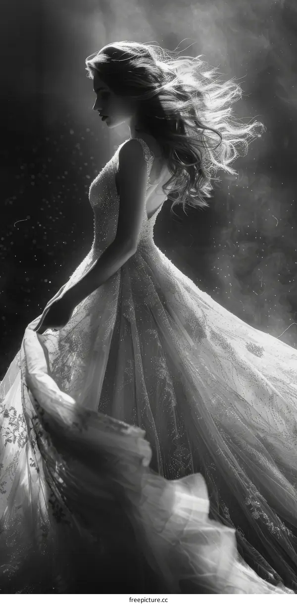 Black and white portrait of a beautiful woman wearing a wedding dress