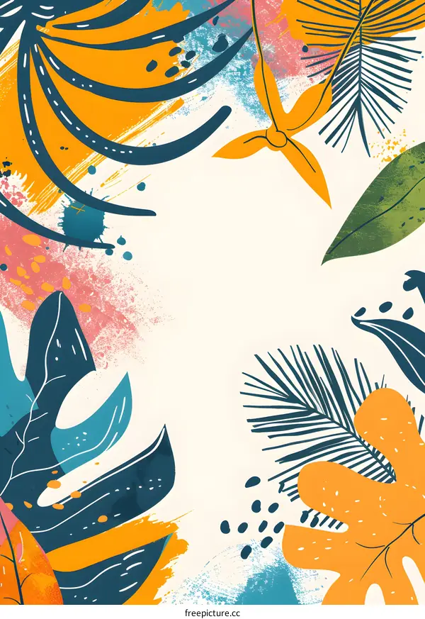 Tropical Leaves and Abstract Paint Splashes Background
