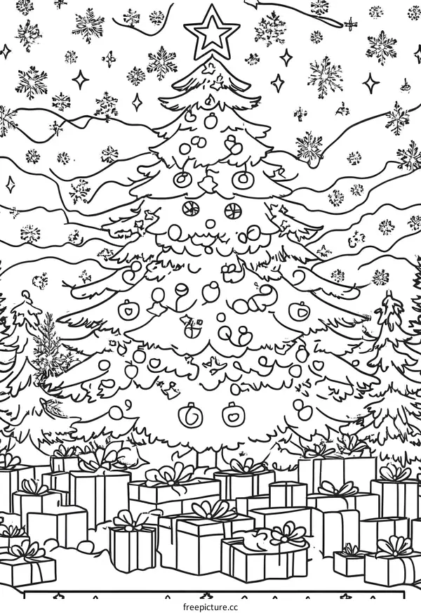 Christmas Tree with Presents and Snowflakes Coloring Page