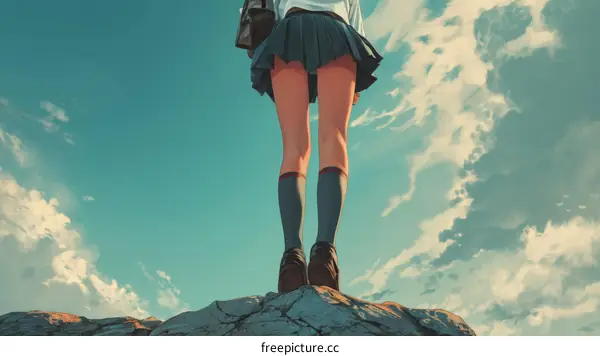 A Girl Standing on a Rocky Peak Looking at the Sky