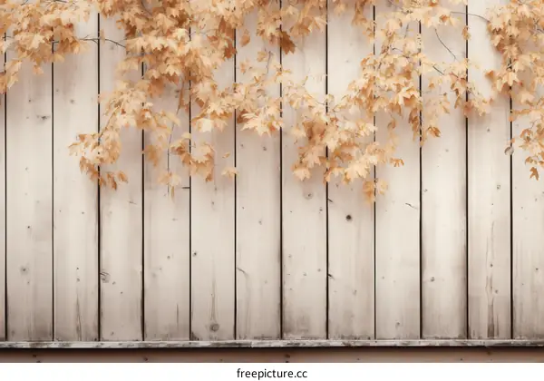 Dried autumn leaves hanging on a wooden fence