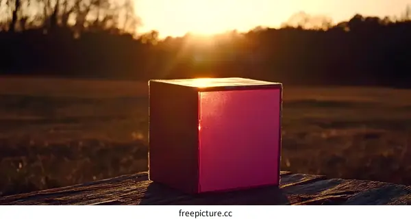 Sunset Behind A Pink Cube On Wooden Table
