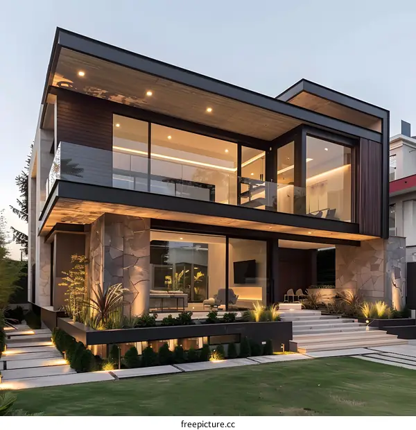 Modern Two Story House with Glass Windows and Stone Walls