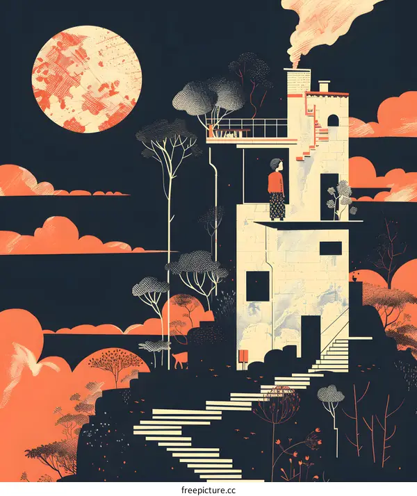 Modern Illustration of a Woman Standing on a Building Terrace With Trees and a Full Moon