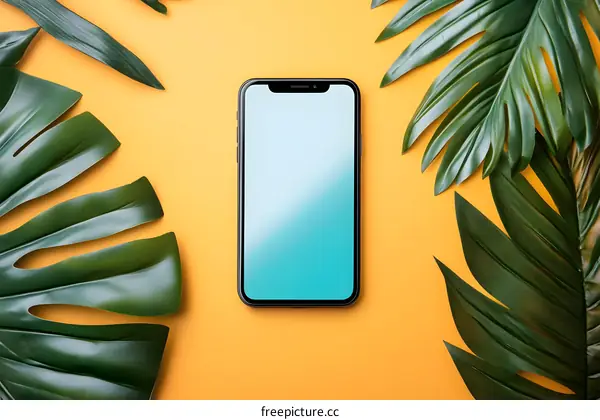 Smartphone Mockup With Tropical Leaves On Yellow Background