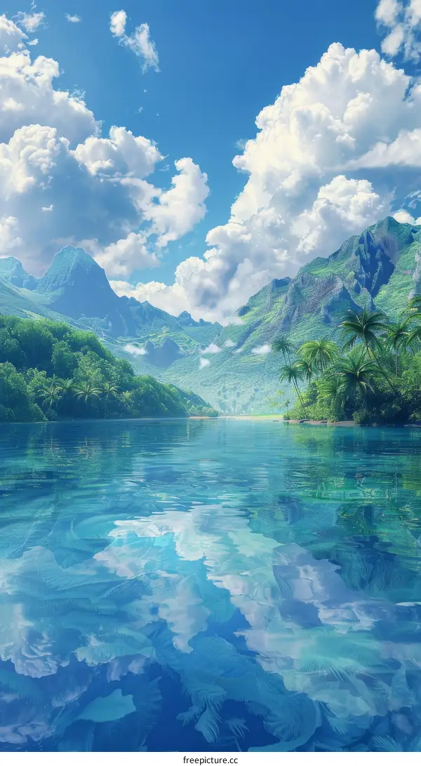 Tropical Paradise Mountain Scenery Illustration