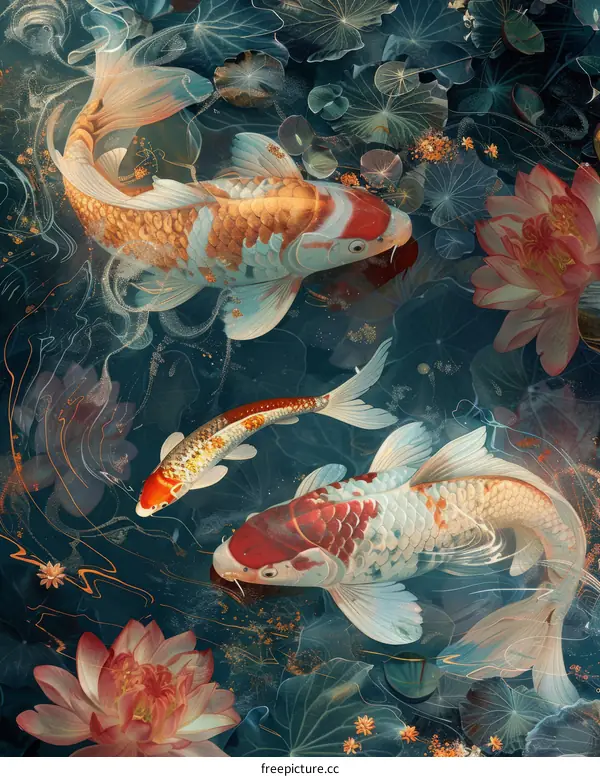 Three koi fish swimming in a pond with water lilies