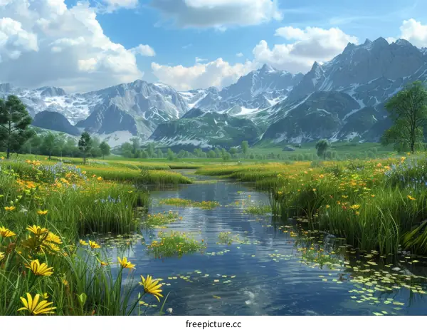 Tranquil Alpine Meadow with Flowing River