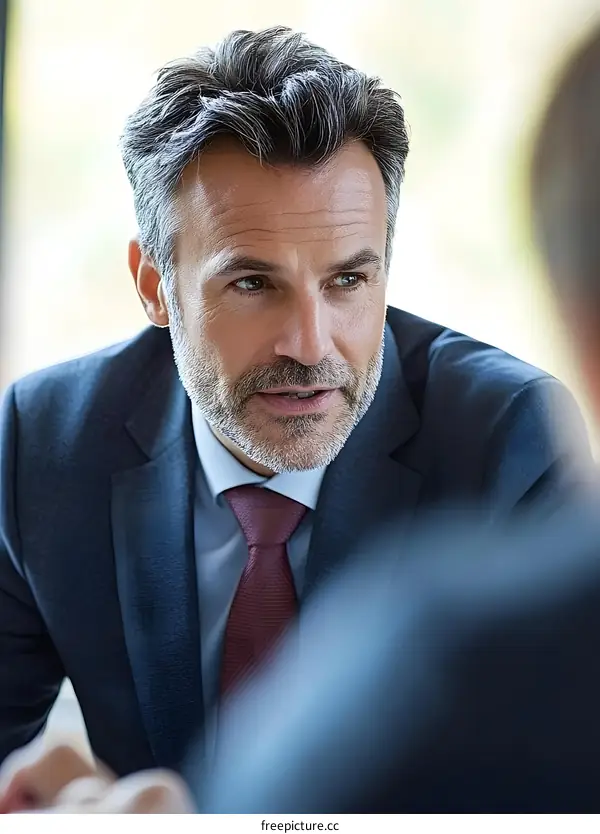 Businessman in a Suit, Listening and Talking During a Meeting