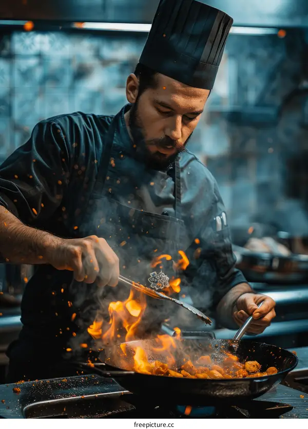 Focused male chef cooking food in a flaming pan