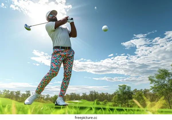 Black man playing golf and hitting golf ball with golf club