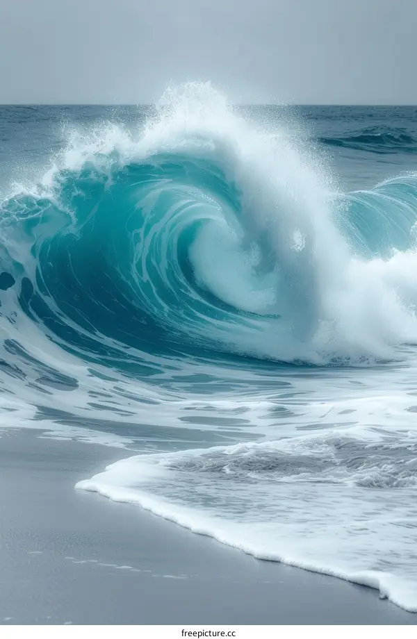 A Powerful Ocean Wave about to Crash on the Sandy Beach