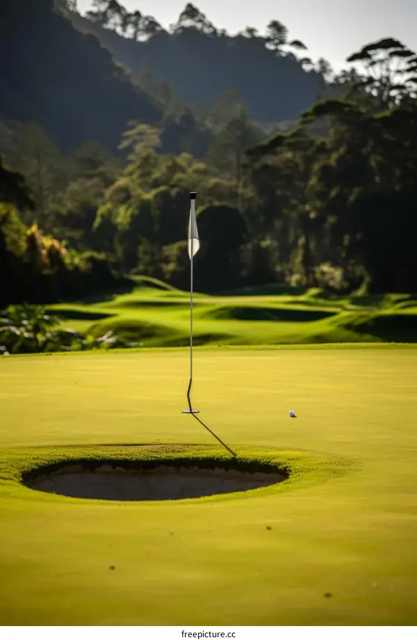 Close-up of a golf ball on the green with the flag in the background