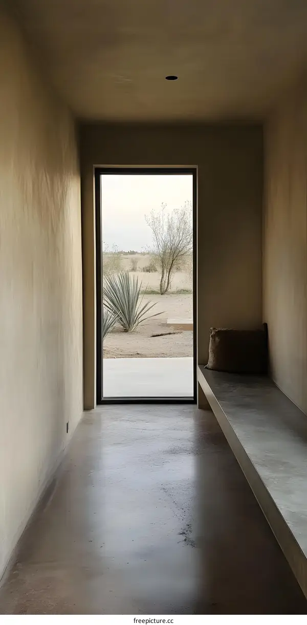 Modern Minimalist Interior Design With Large Window View Of Desert Landscape