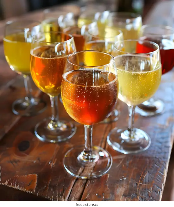 A Row Of Wine Glasses On A Wooden Table
