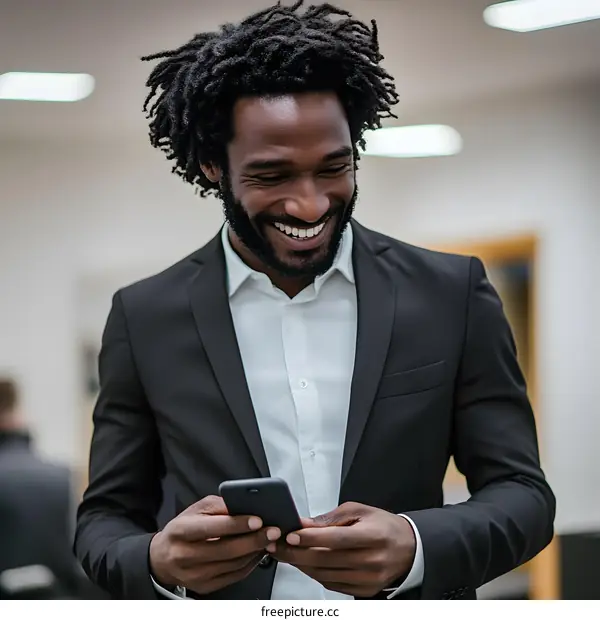 Smiling Black Businessman Using Smartphone
