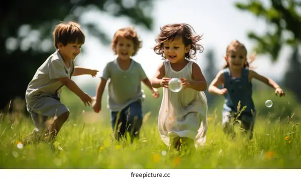 Four happy children are running and playing together in a green field on a sunny day