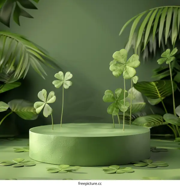 Green St Patrick's Day background with clovers and podium