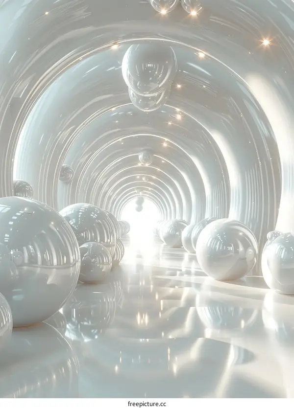Futuristic tunnel with glowing white spheres