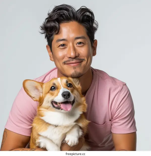 A smiling man with a corgi dog