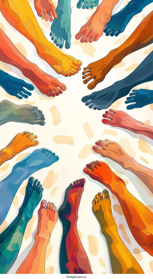Colorful feet of diverse people coming together