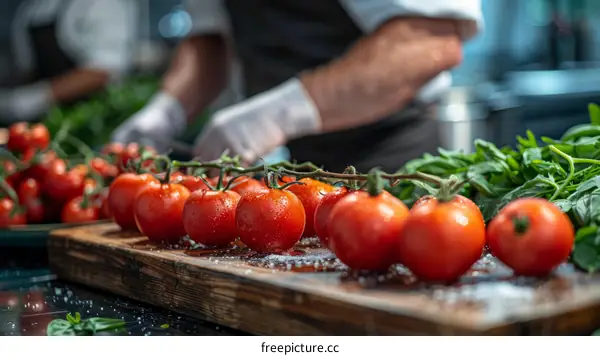 Chef in white gloves cuts vine tomatoes on a wooden board