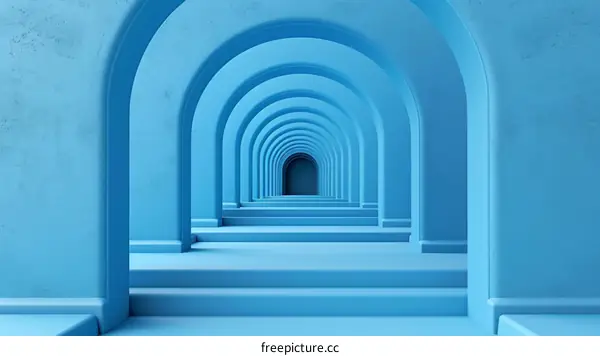 Blue Arched Hallway with Dark Doorway