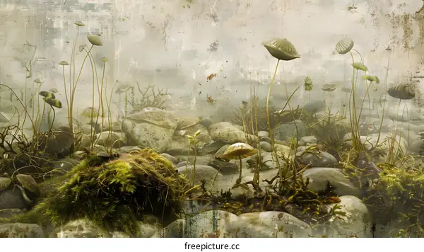 Underwater Fantasy Landscape with Mushrooms and Rocks