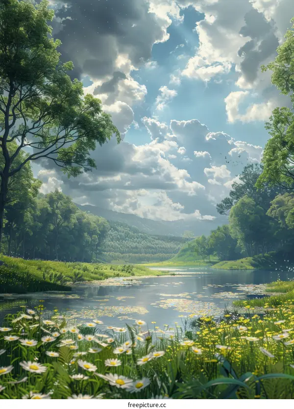 Beautiful Spring Landscape Illustration with River and Flowers