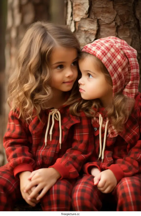 Two little girls in red and black plaid outfits are sitting on a tree trunk in the woods looking at each other