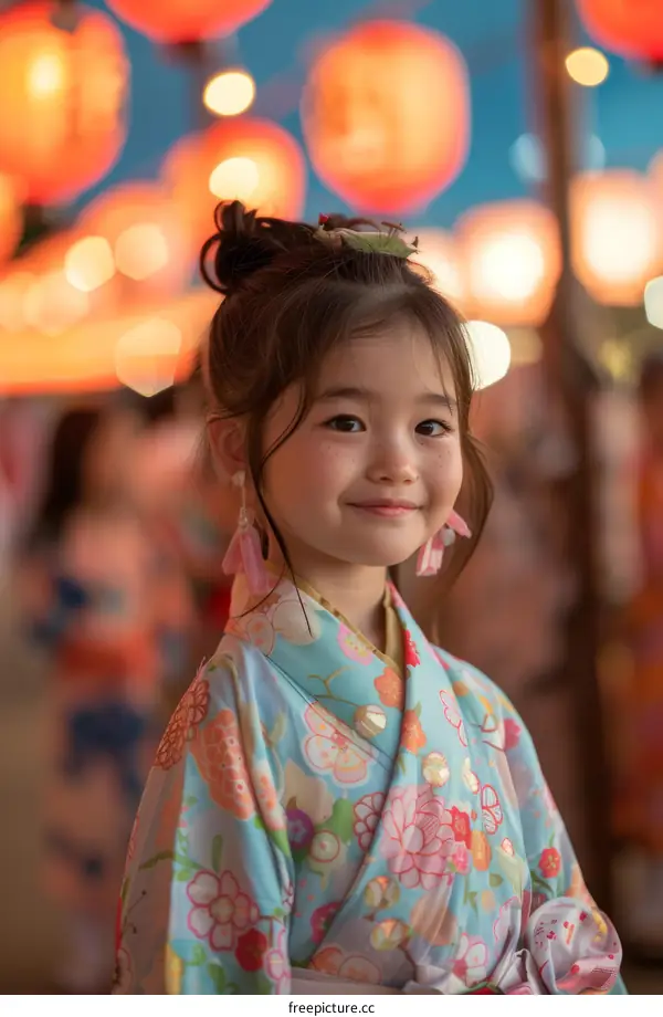 A young girl wearing a kimono smiles at the camera during a festival.