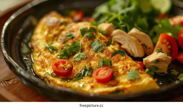 A delicious and healthy breakfast of eggs, chicken, and vegetables